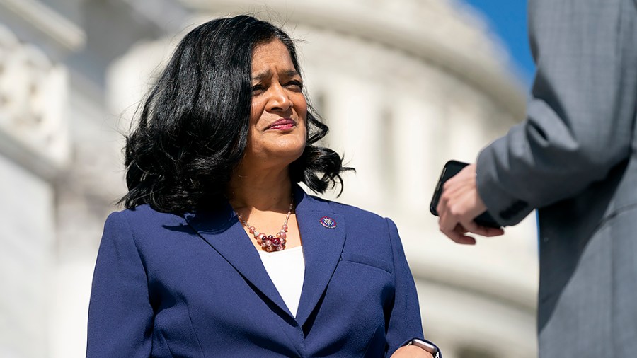 Rep. Pramila Jayapal (D-Wash.) speaks to a reporter regarding following the final vote of the week on Thursday, March 3, 2022.