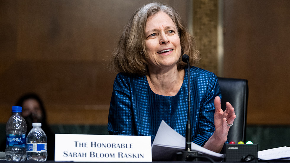 Sarah Bloom Raskin speaks at a confirmation hearing