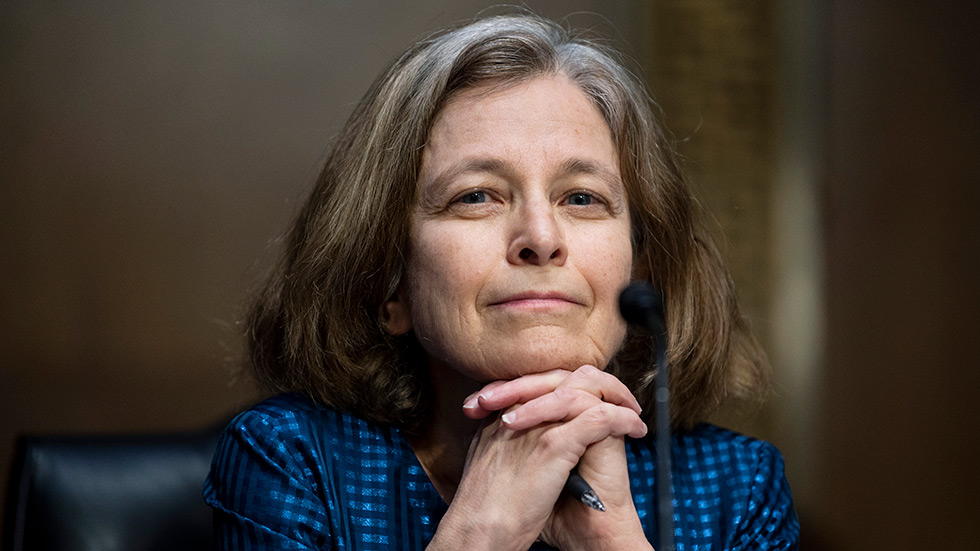 Sarah Bloom Raskin listens during a confirmation hearing