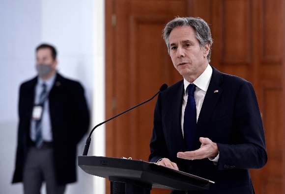 U.S. Secretary of State Antony Blinken speaks during a joint press conference with Moldova's President Maia Sandu