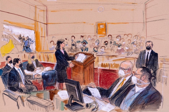 This artist sketch depicts Guy Wesley Reffitt, bottom right, joined by his lawyer William Welch