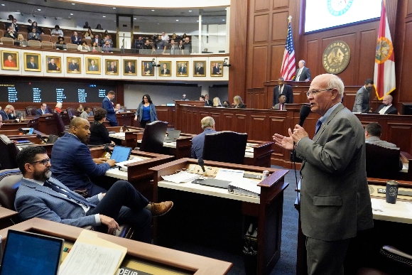 Florida Sen. Dennis Baxley, right, sponsor of a bill, dubbed by opponents as the "Don't Say Gay" bill, speaks