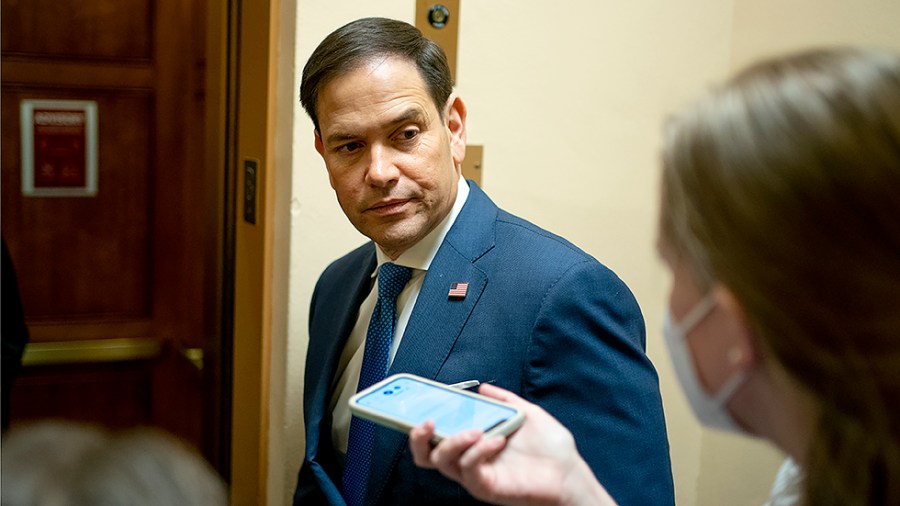 Sen. Marco Rubio (R-Fla.) speaks to reporters as he arrives to the Capitol for votes regarding nominations on Thursday, March 10, 2022.