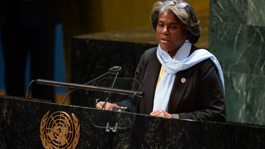 United States Ambassador to the United Nations Linda Thomas-Greenfield speaks during an emergency meeting of the General Assembly