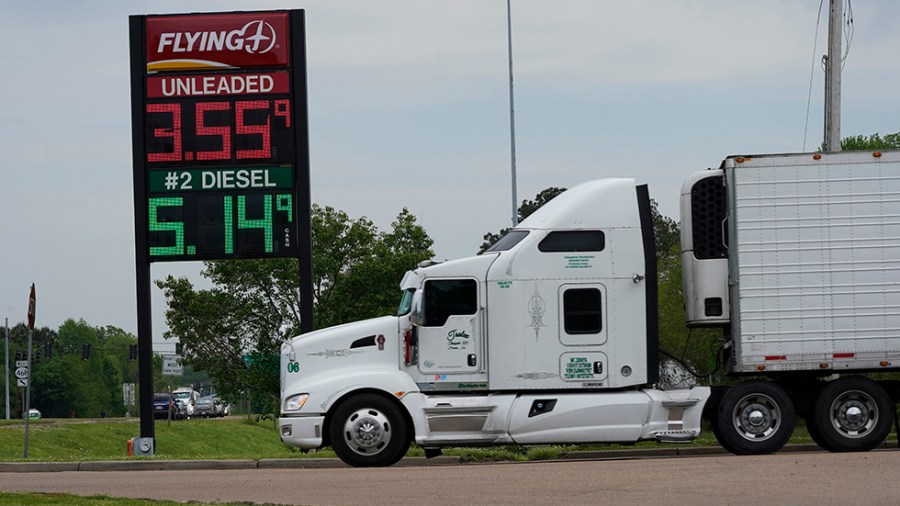 The sign at a Flying J Truck Stop advertises gas prices