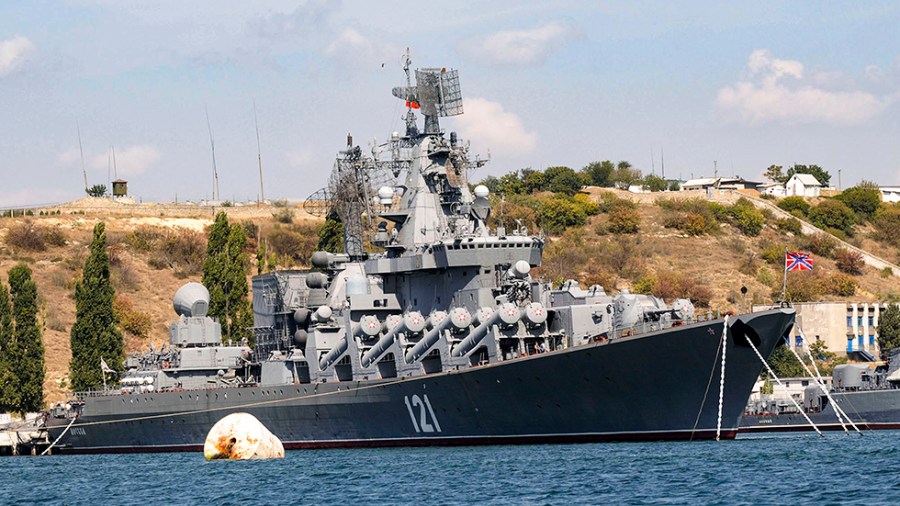 The Russian missile cruiser Moskva is seen anchored in the Black Sea