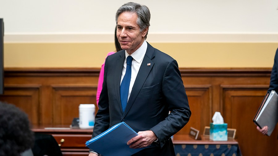 Secretary of State Antony Blinken arrives for a House Foreign Affairs Committee to discuss the President’s FY 2023 budget request for the department on Thursday, April 28, 2022.