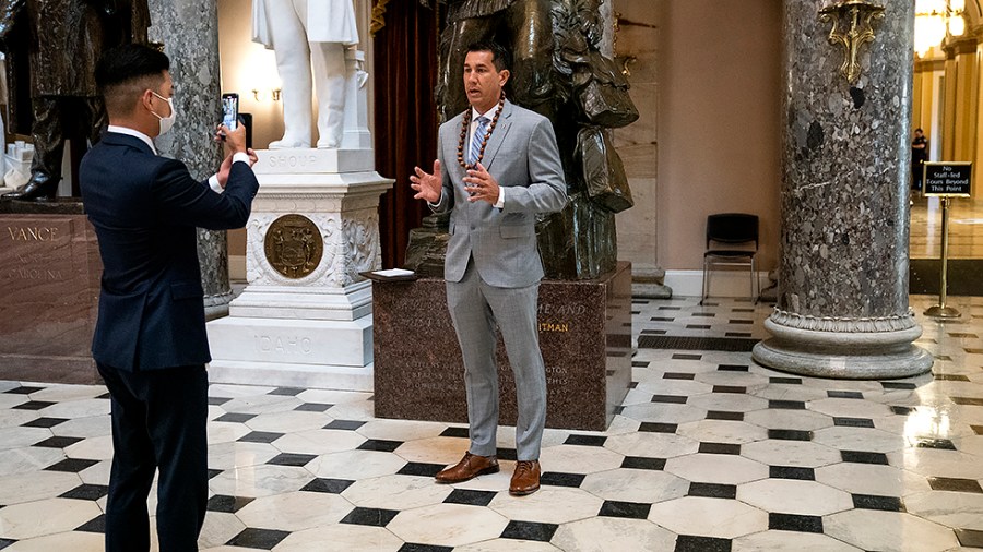 Rep. Kai Kahele (D-Hawaii) films a social media video in Statuary Hall on Thursday, April 28, 2022 following the last votes of the week.