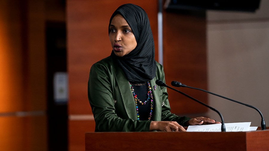 Rep. Ilhan Omar (D-Minn.) addresses reporters during press conference on Tuesday, November 30, 2021 to call out Rep. Lauren Boebert’s (R-Colo.) anti-Islamic remarks.