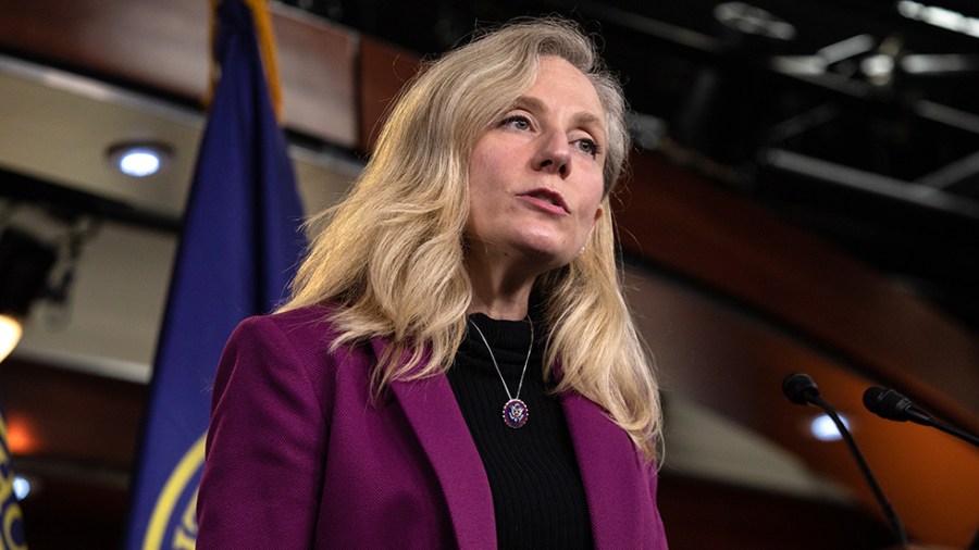 Rep. Abigail Spanberger (D-Va.) speaks to reporters about the ethical concerns of members’ of Congress stock trading practices during a press conference on Capitol Hill in Washington, D.C., on Thursda