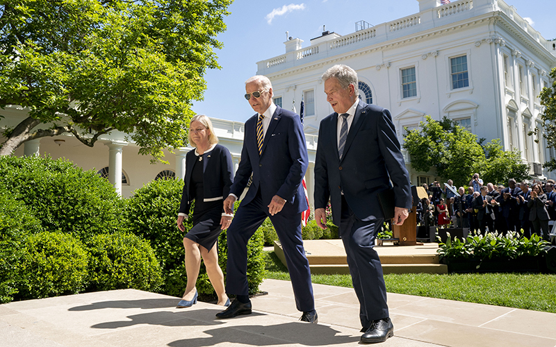 President Biden, center, departs with Swedish Prime Minister Magdalena Andersson and Finnish President Sauli Niinisto with the Rose Garden in the background