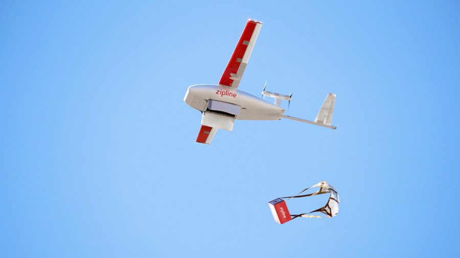 A drone drops off its parcel.