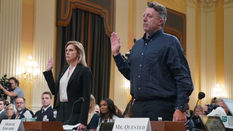 U.S. Capitol Police officer Caroline Edwards and documentary filmmaker Nick Quested are sworn in before a hearing of the Jan. 6 select House committee.