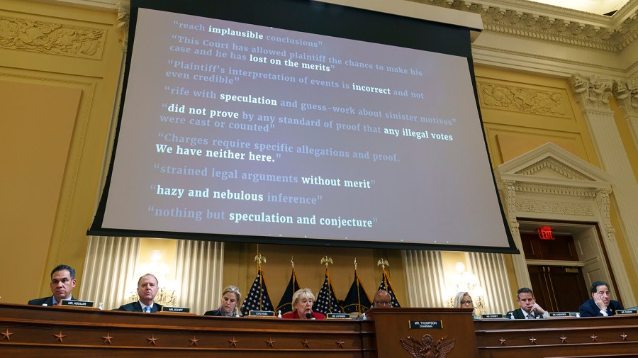 Rep. Zoe Lofgren (D-Calif.) makes a closing statement during a Jan. 6 House Select Committee hearing on Monday, June 13, 2022. The hearing focused on false election fraud claims and the Trump campaign’s continued push for donations.