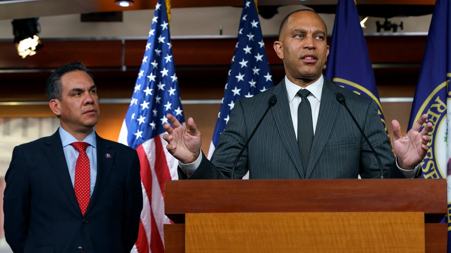 Rep. Hakeem Jeffries (D-N.Y.) addresses reporters after a closed-door Democratic caucus meeting on Tuesday, June 14, 2022.