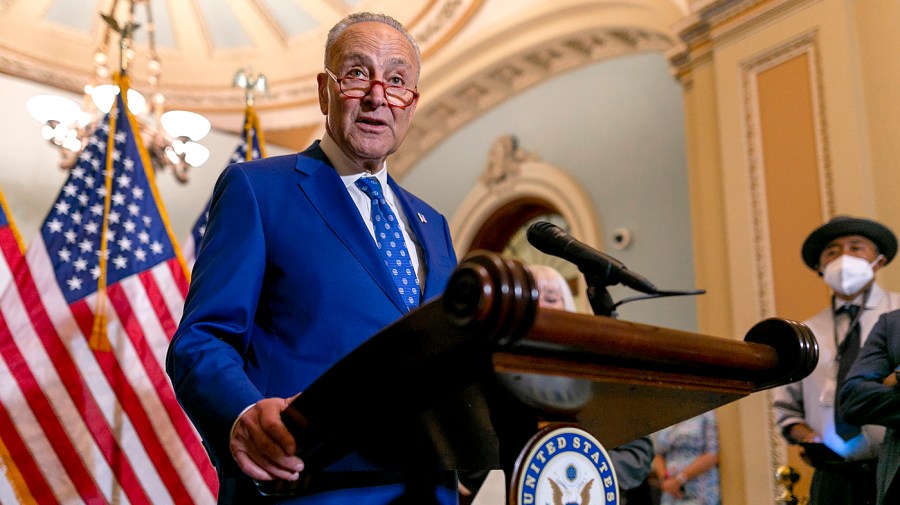 Majority Leader Charles Schumer (D-N.Y.) addresses reporters following the weekly policy luncheon on Wednesday, June 22, 2022.