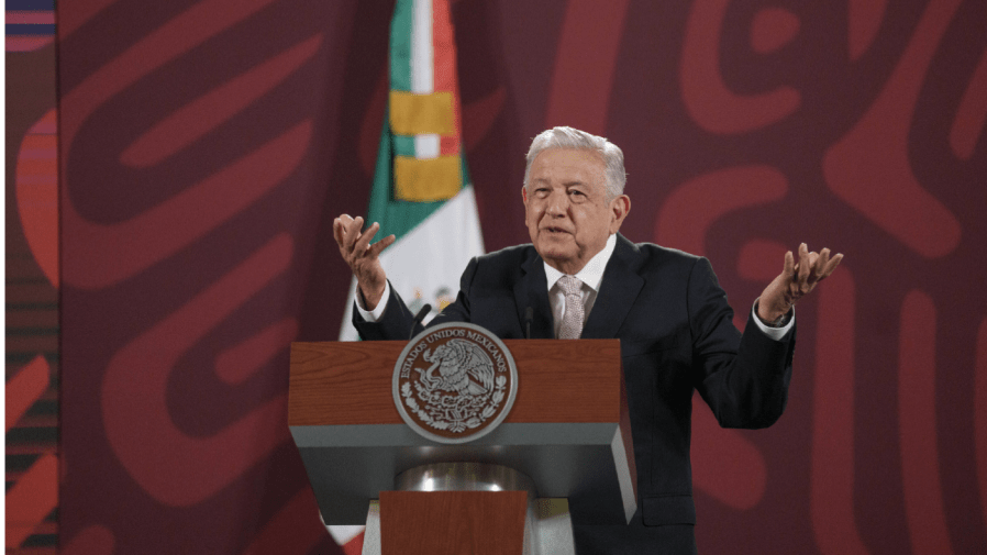 Mexican President Andres Manuel Lopez Obrador gives his daily press conference at the National Palace in Mexico City, Friday, July 8, 2022.