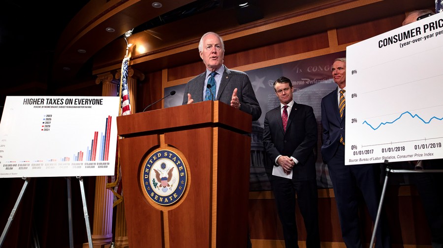 Sen. John Cornyn (R-Texas) addresses reporters during a press conference on Wednesday, July 13, 2022 to discuss rising inflation in the United States on Wednesday, July 13, 2022.