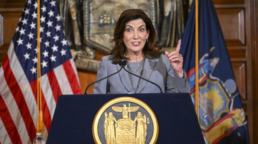 New York Governor Kathy Hochul speaks to reporters at a press conference.