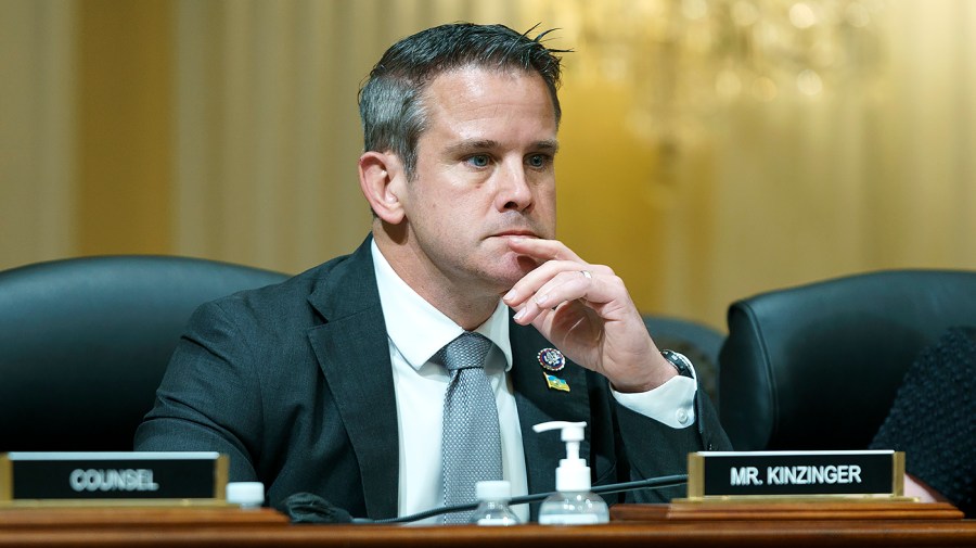 Rep. Adam Kinzinger (R-Ill.) is seen during a House Jan. 6 committee hearing on Tuesday, July 12, 2022 focusing on the ties between former President Trump and far-right extremist groups.