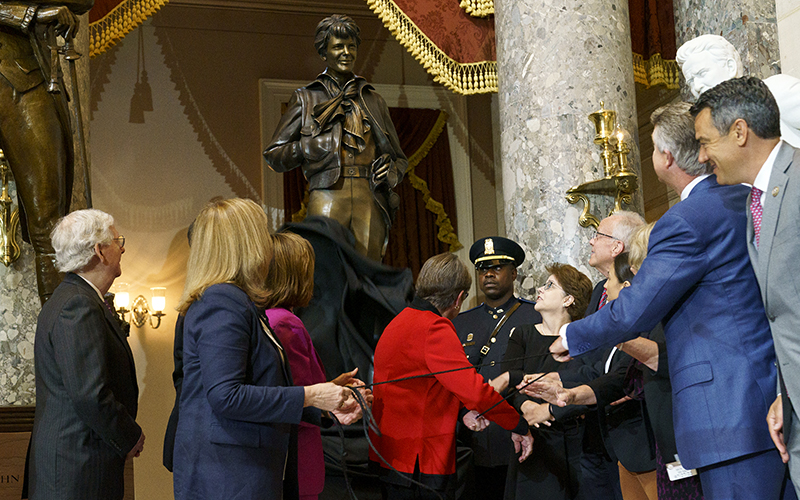 A statue of Amelia Earhart is unveiled