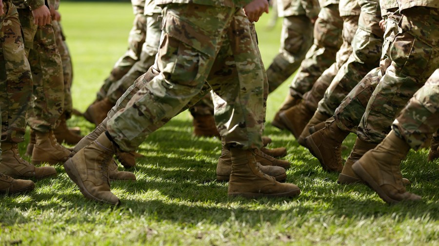 U.S. Army soldiers march in formation