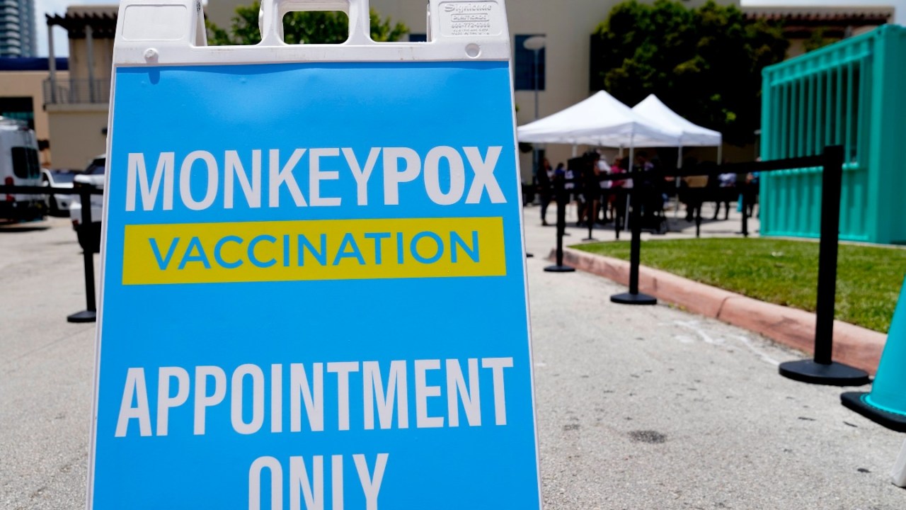 sign at outdoor clinic saying monkeypox vaccination appointment only