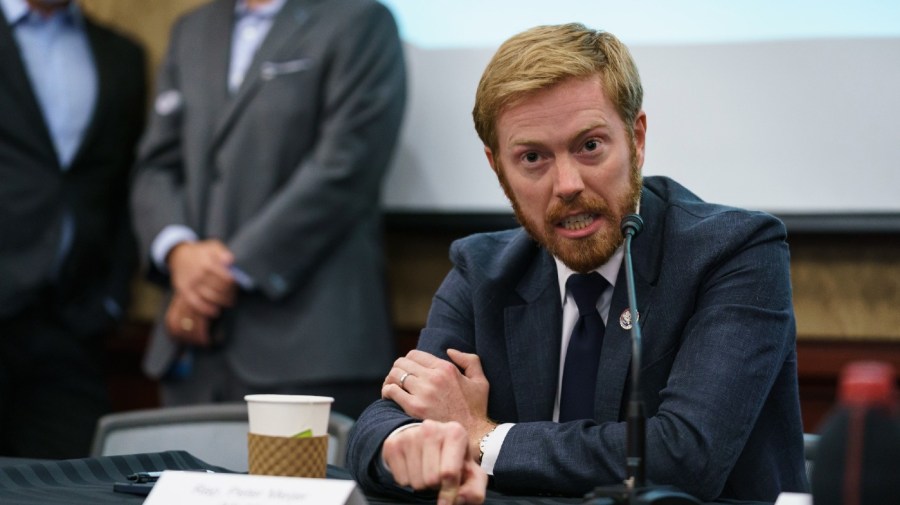 Rep. Peter Meijer, R-Mich., speaks during a roundtable discussion with House Minority Leader Kevin McCarthy, R-Calif., and other Republicans as they criticize President Joe Biden on the Afghanistan evacuation, at the Capitol in Washington, Monday, Aug. 30, 2021.