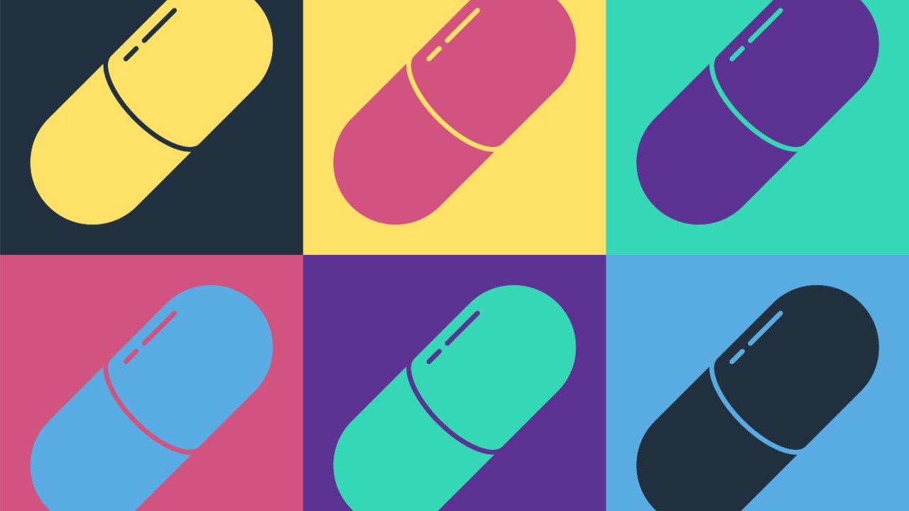 illustration of pills in six different colors