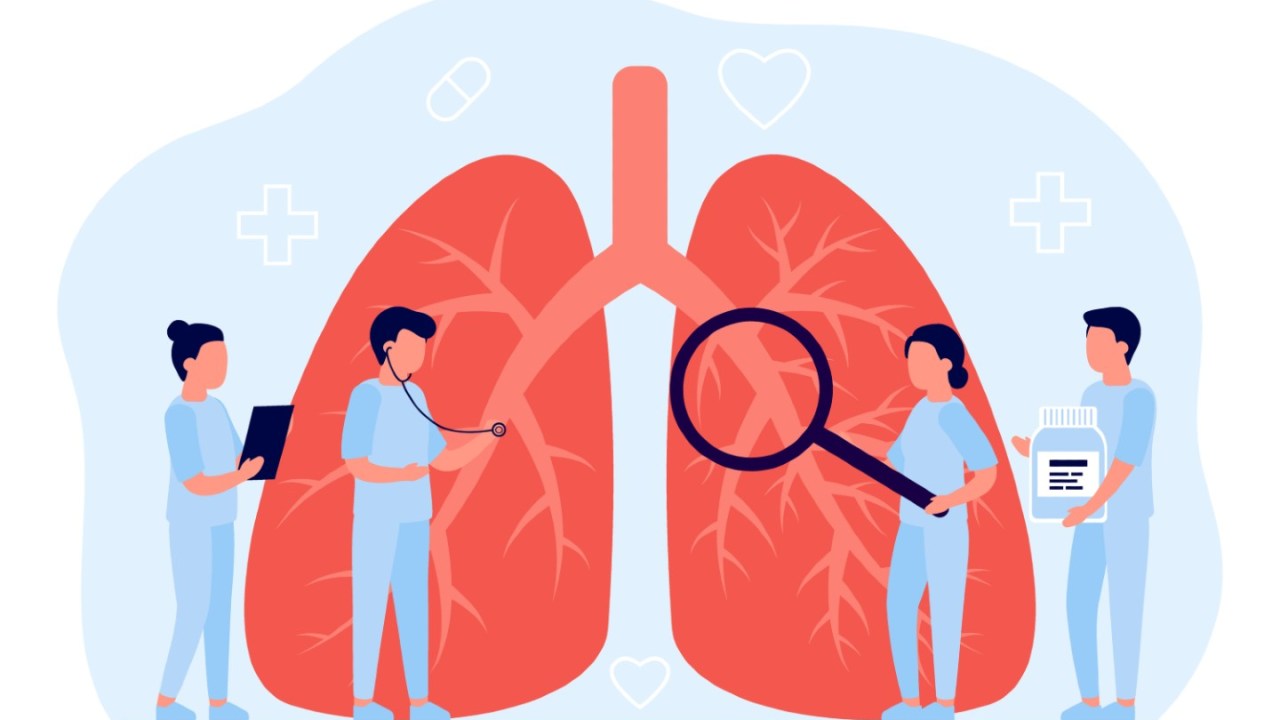 illustration of doctors with backdrop of overblown lungs