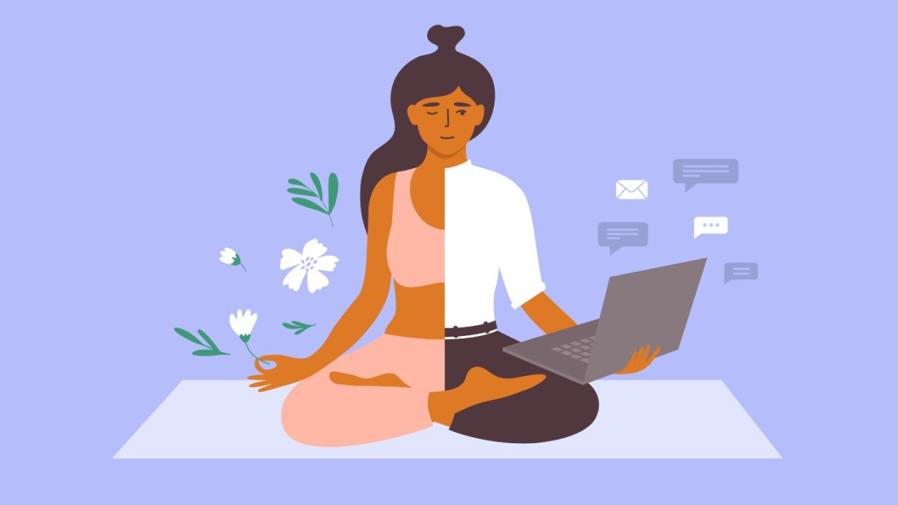 illustration of woman sitting, half yoga other half balancing laptop and work