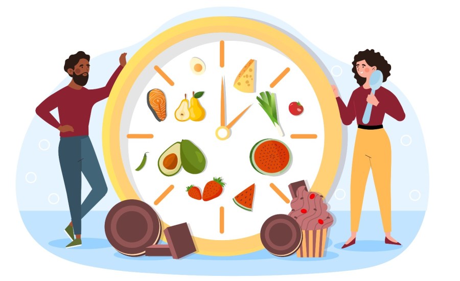 illustration of two people standing with an overside clock with fruits and vegetables on it, chocolate and sweets on the ground