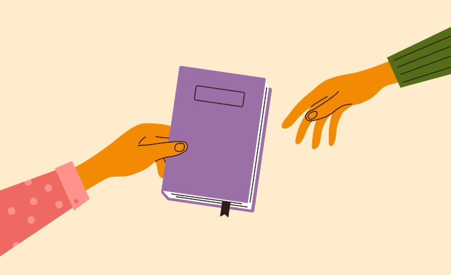 illustration of one hand holding book to pass to another person's hand