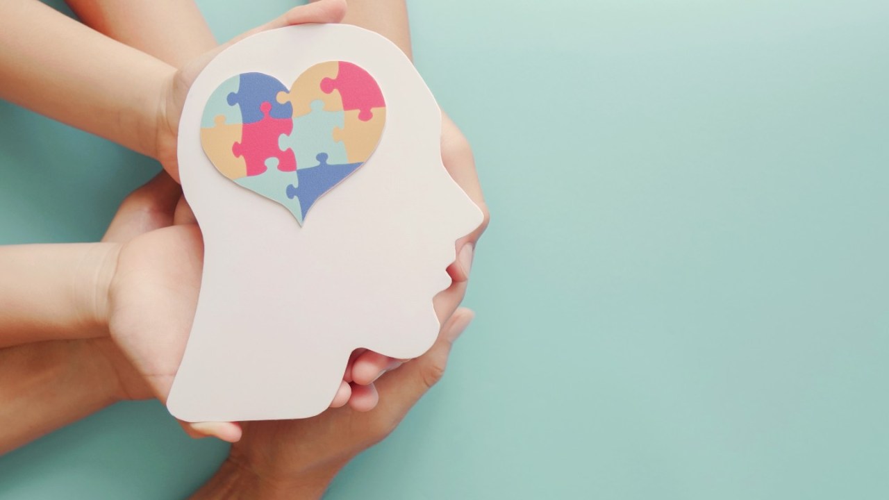 hands supporting paper cutout of head with puzzle pieces in shape of heart in brain area