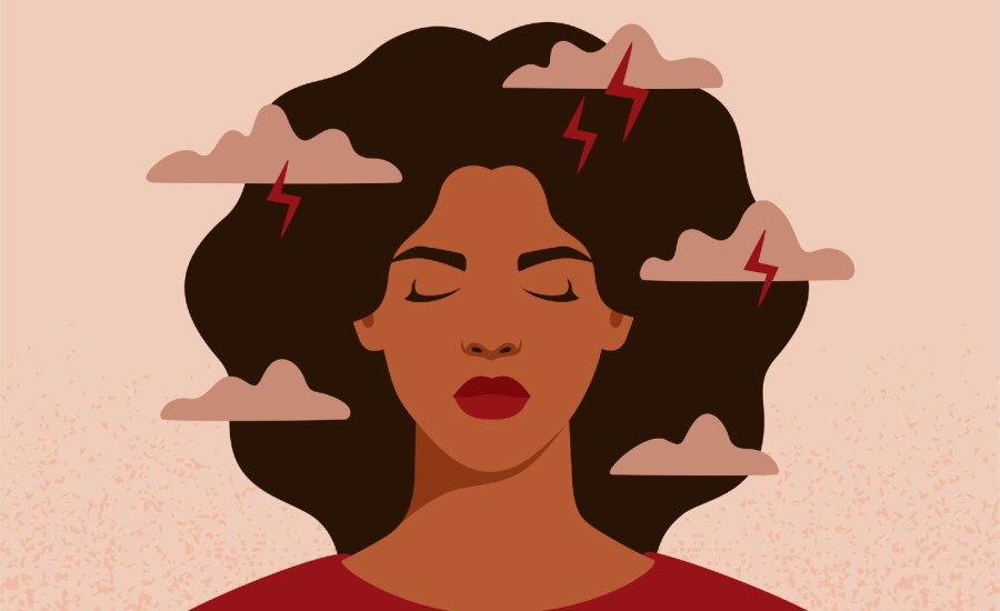 illustration of Black woman with eyes closed, thunder clouds and lightning around head