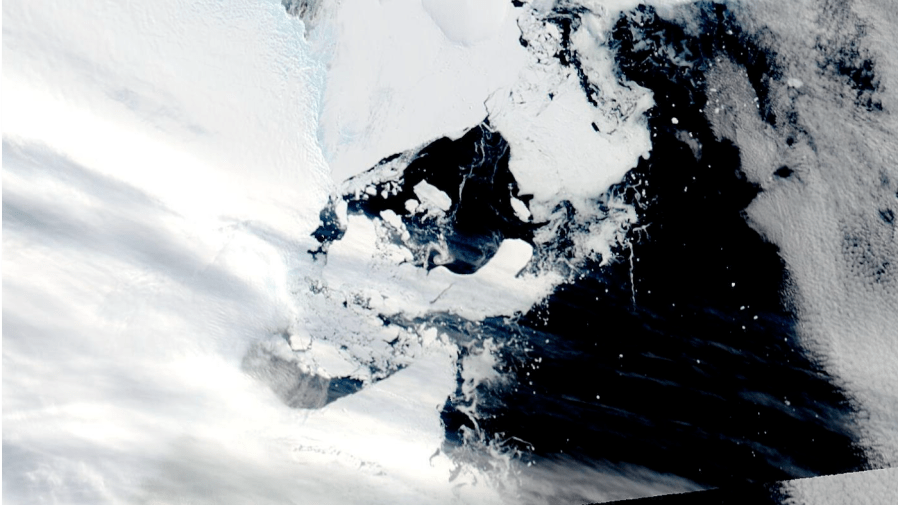 This satellite image provided by NASA shows Aqua MODIS 16 on March 25, 2022, shows C-38 in one piece chasing the main piece of C-37 moving west on the coastal current.