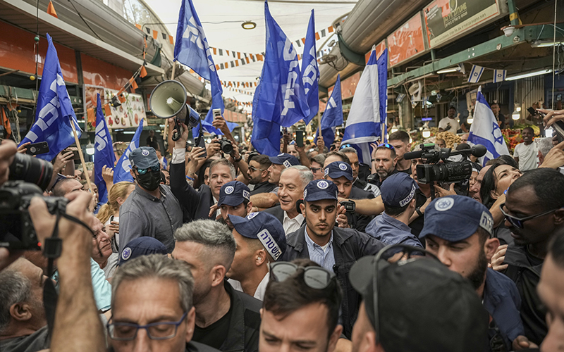 Former Israeli Prime Minister and the head of Likud party Benjamin Netanyahu visits at Hatikva Market in Tel Aviv, Israel