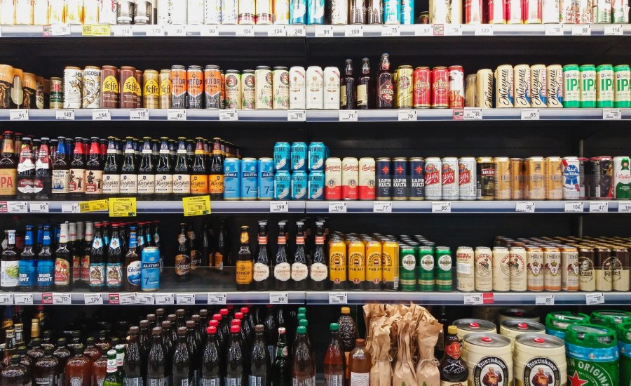 Beer on shelves.