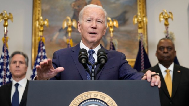 President Joe Biden speaks about Ukraine from the Roosevelt Room at the White House in Washington, Wednesday, Jan. 25, 2023, as Secretary of State Antony Blinken, left, and Defense Secretary Lloyd Austin listen. (AP Photo/Susan Walsh)