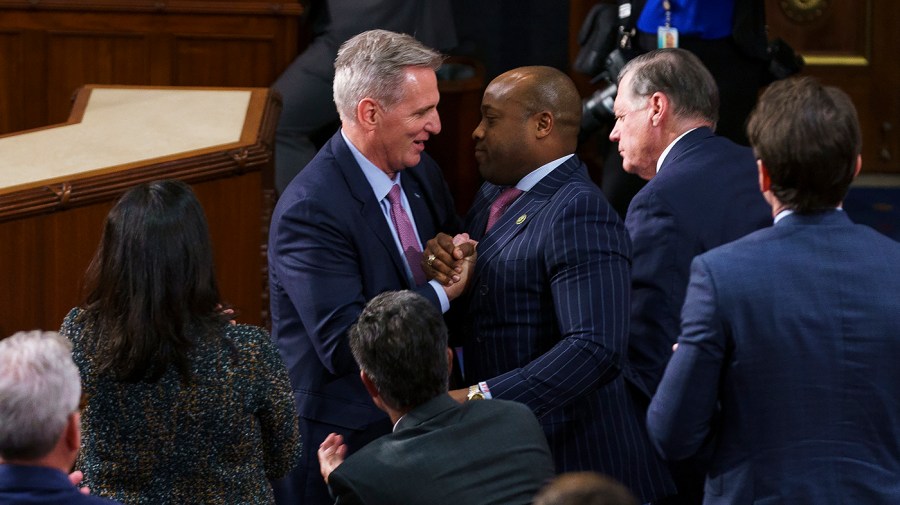 Rep. Kevin McCarthy (R-Calif.) embraces Rep.-elect Wesley Hunt (R-Texas)