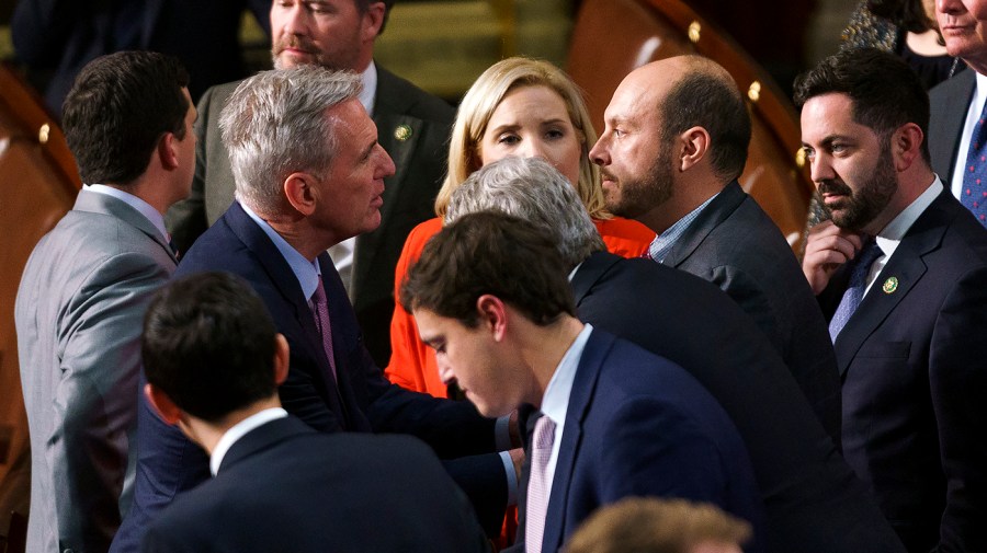 Rep. Kevin McCarthy (R-Calif.) speaks Rep. Andrew Garbarino (R-N.Y.)