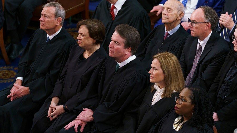 Supreme Court Chief Justice John Roberts along with Supreme Court Justices Elena Kagan, Brett Kavanaugh, Amy Coney Barrett and Ketanji Brown Jackson