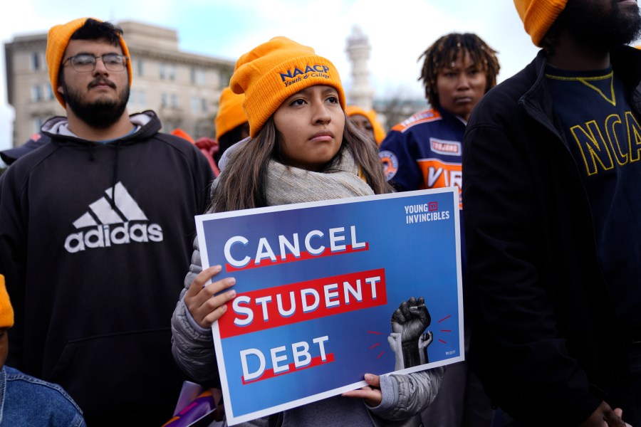 Student debt relief advocates gather outside the Supreme Court on Capitol Hill in Washington, Tuesday, Feb. 28, 2023.