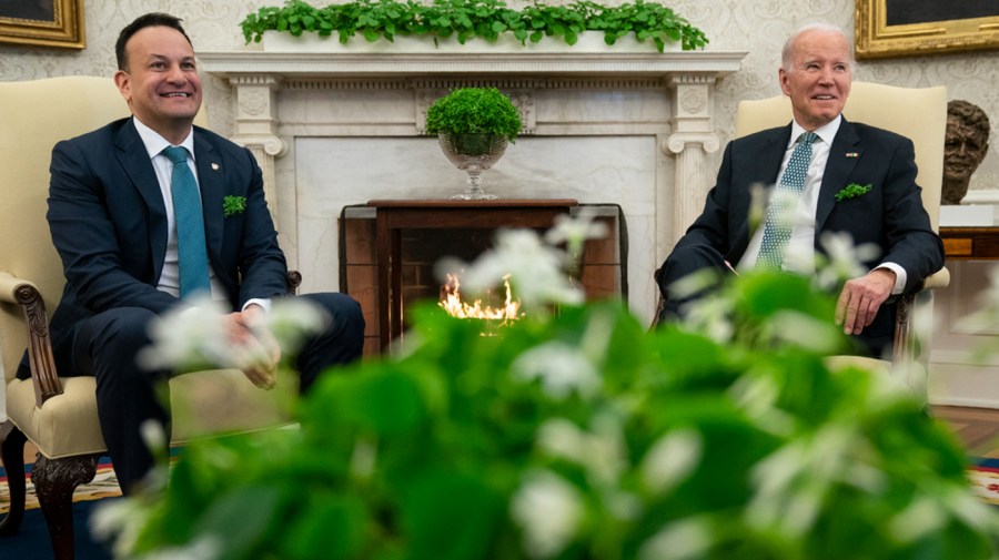 Leo Varadkar and Joe Biden sitting in chairs