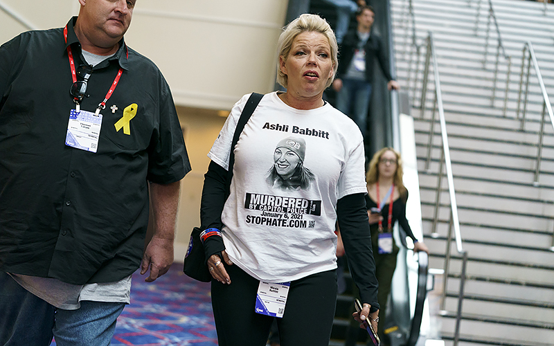 An attendee wears a shirt in support of Ashli Babbit