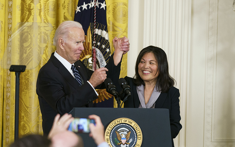 President Biden and his nominee to be secretary of Labor, Julie Su, celebrate during an event