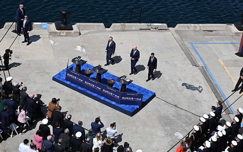 Australian Prime Minister Anthony Albanese, President Biden and British Prime Minister Rishi Sunak arrive at a press conference