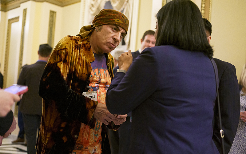 Musician Steven Van Zandt speaks with Rep. Pramila Jayapal (D-Wash.) outside the House Chamber