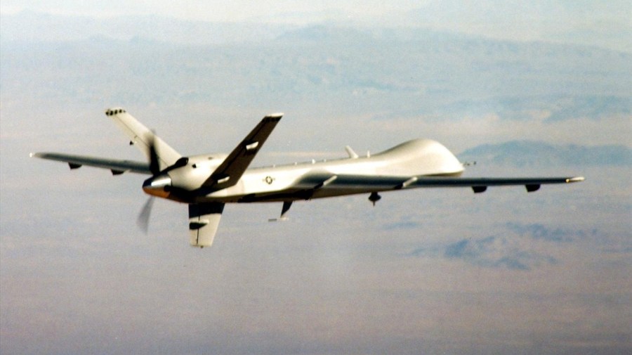 File - US Air Force MQ-9 "Reaper" drone aircraft in flight, undated USAF photo.