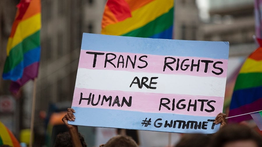 A person holding a pro-transgender banner at a gay pride event.